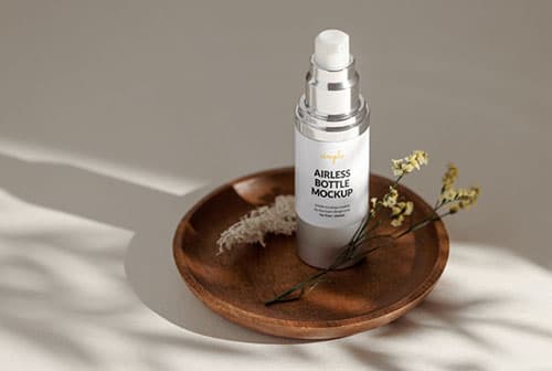 Airless bottle on wooden tray mockup