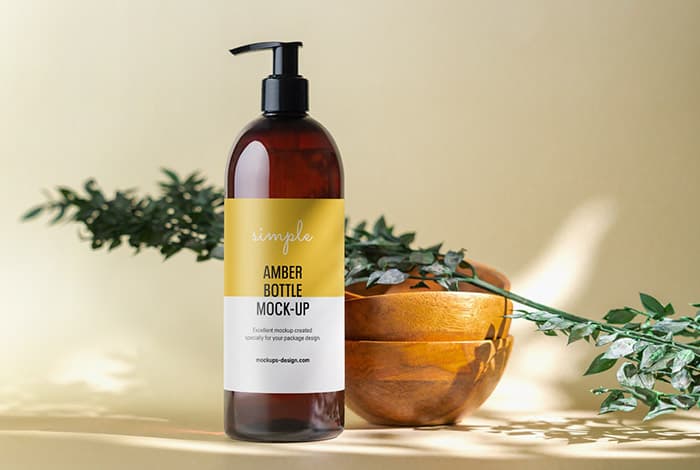 Amber pump bottle on natural background mockup