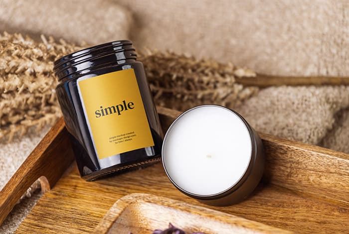 Dark glass candle in tray mockup