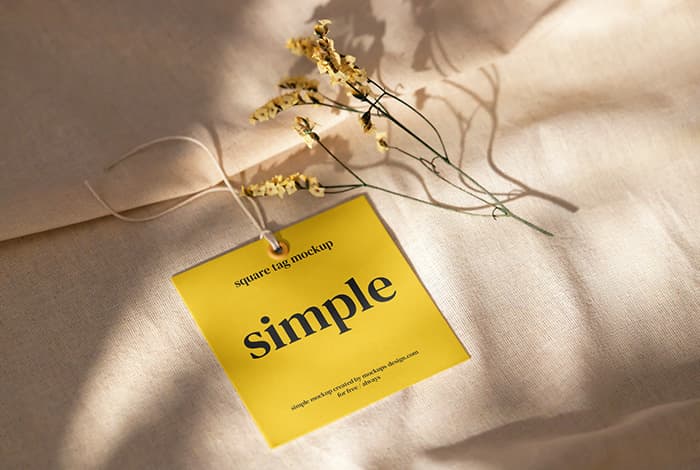 Square label tag on linen background mockup
