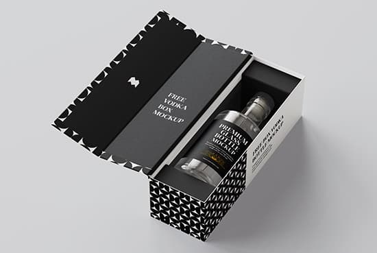 Vodka bottle in box mockup