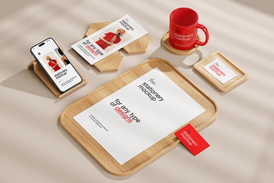 Stationery with wood elements mockup
